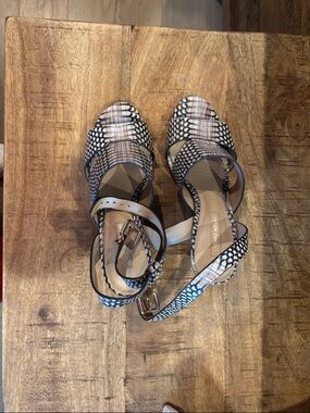 ANTONIO MELANI Black & White Snake-Print Strappy Sandals